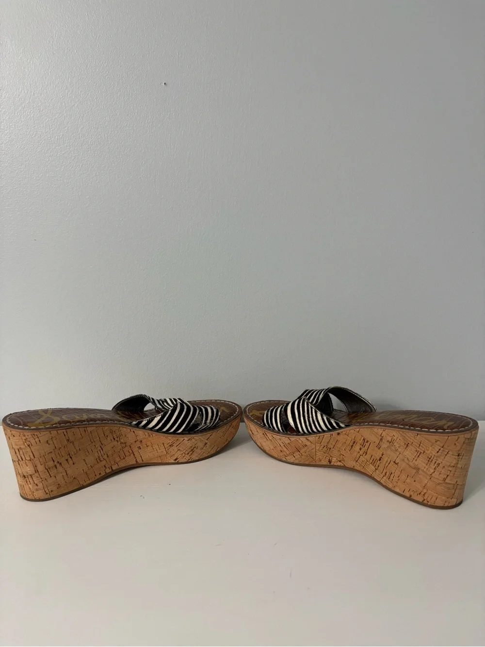 Sam Edelman Reid Zebra Print Calf Hair Cork Platform Wedge Slide Sandals 6.5M